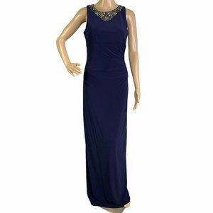 Eliza J Navy Embellished Neckline Ruched Gown